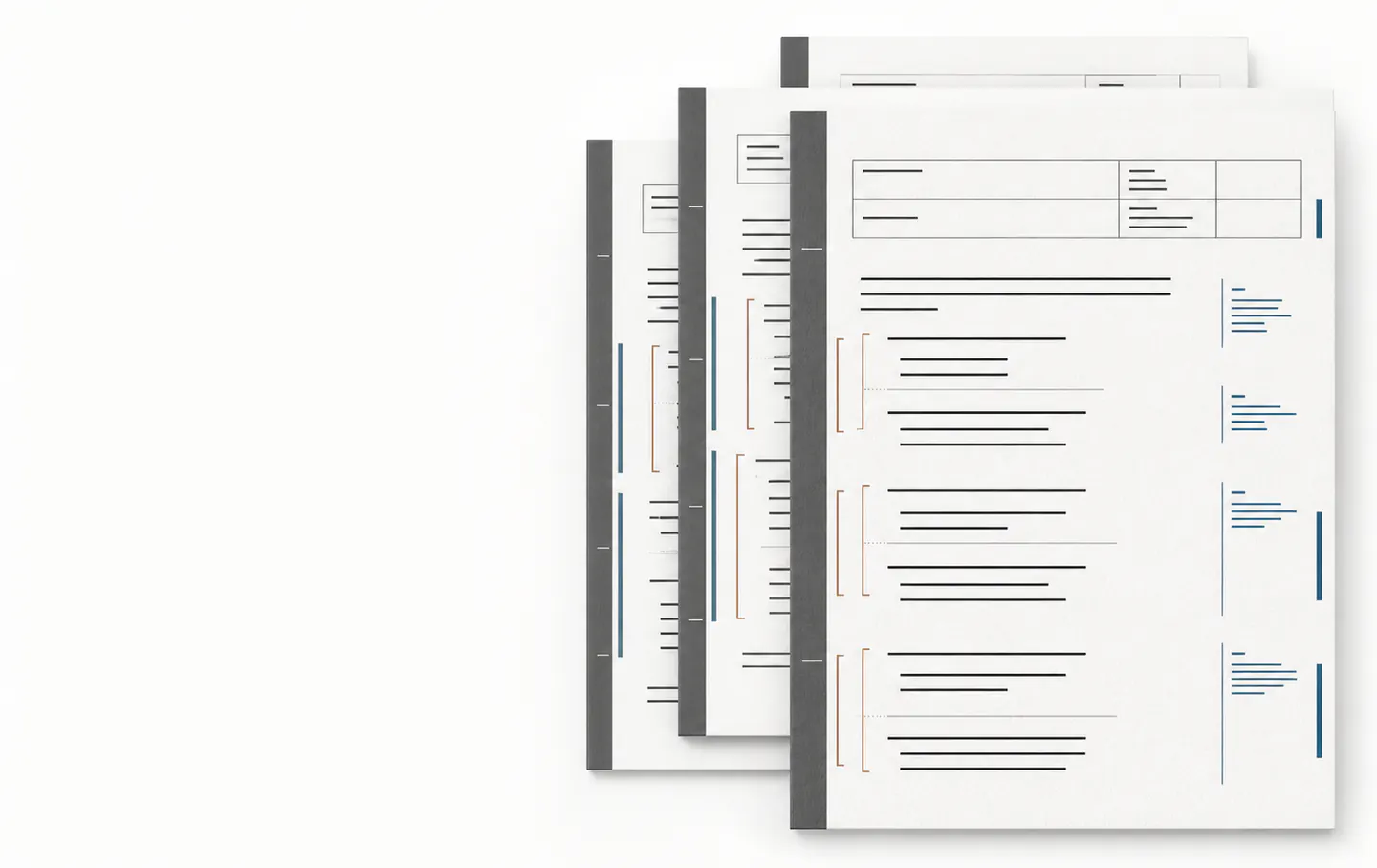 A controlled set of blank business documents with clause gutters and change bars